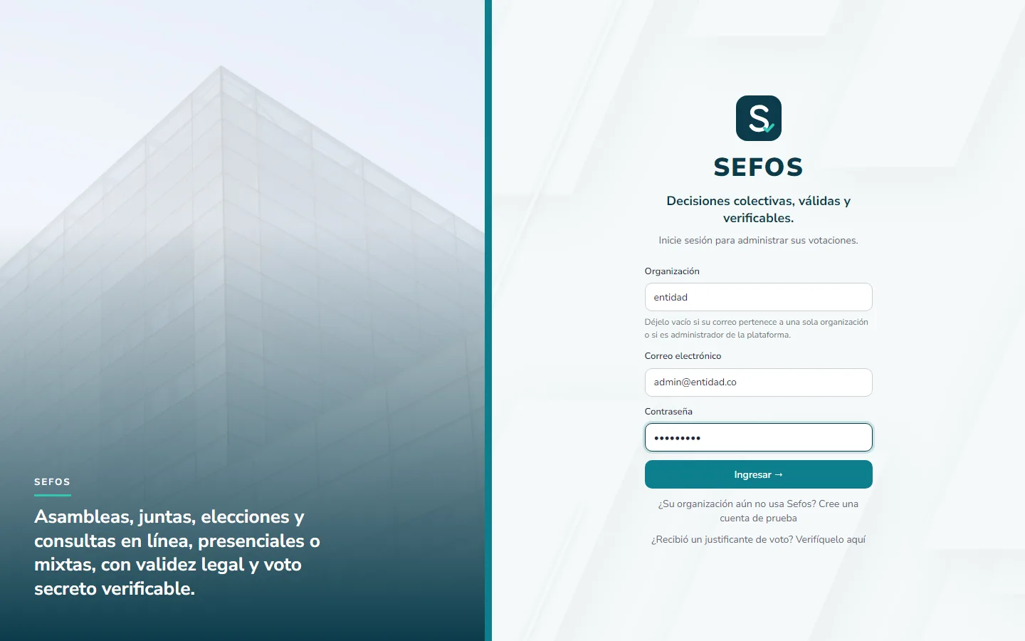 Captura de pantalla (computador): Escriba la organización, su correo y su contraseña