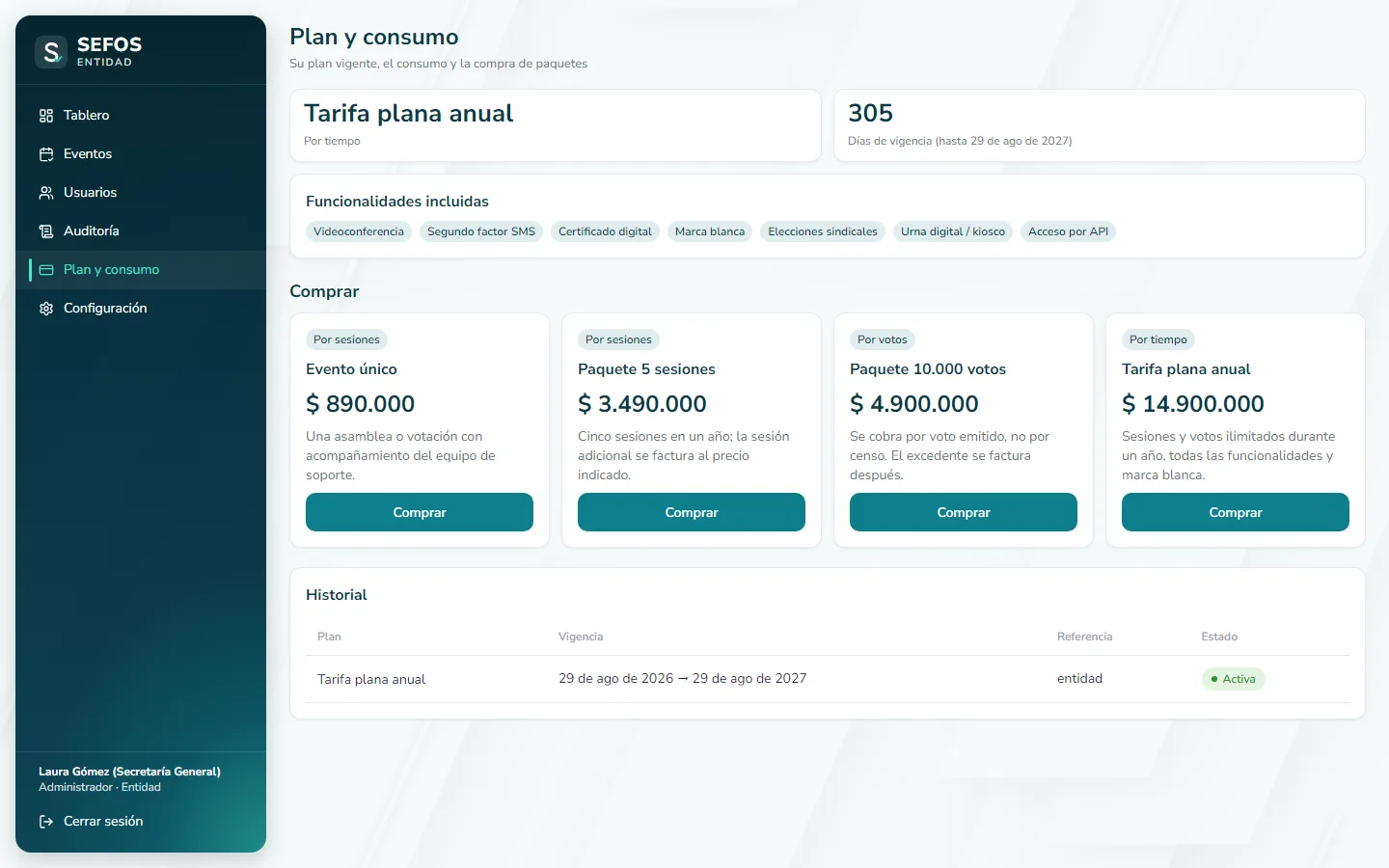 Captura de pantalla (computador): Revise su plan vigente