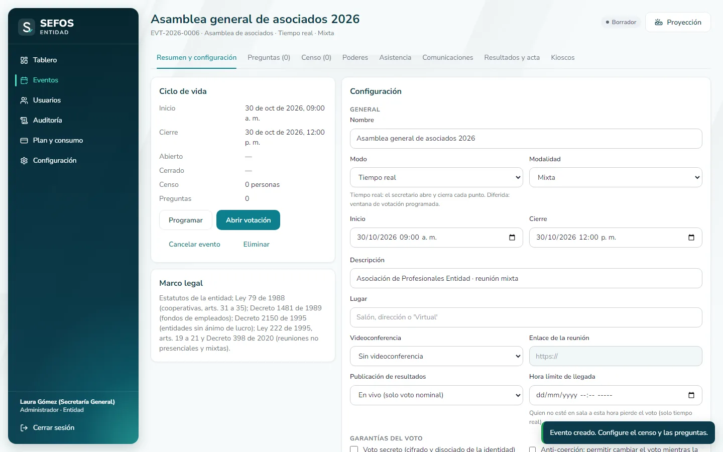 Captura de pantalla (computador): El evento queda en borrador