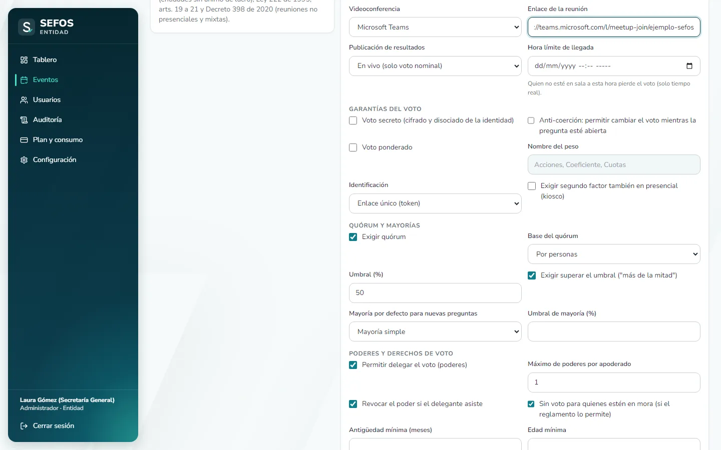 Captura de pantalla (computador): Fije el quórum y la mayoría por defecto