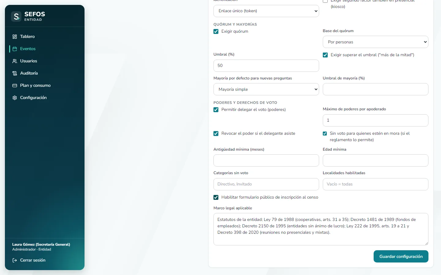 Captura de pantalla (computador): Configure poderes y derechos de voto