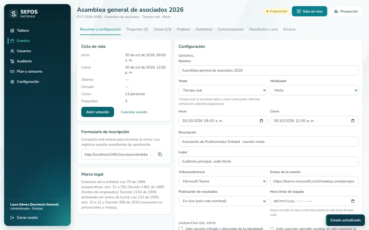 Captura de pantalla (computador): El evento queda programado