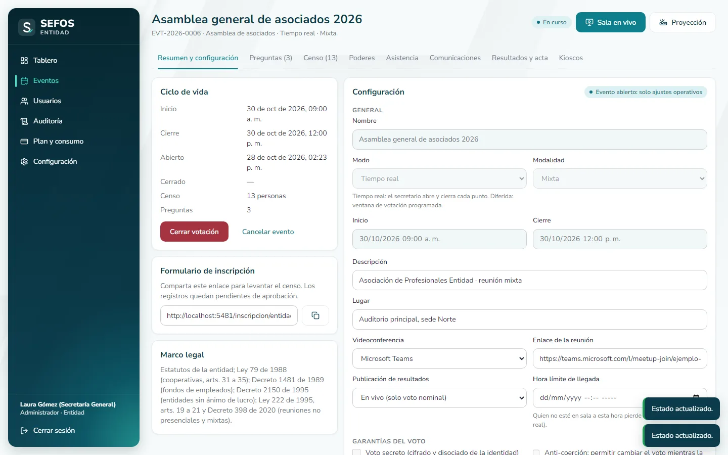 Captura de pantalla (computador): Abra la votación