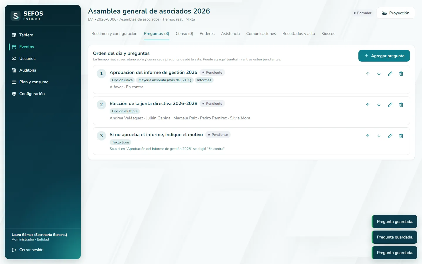 Captura de pantalla (computador): Revise y ordene el orden del día