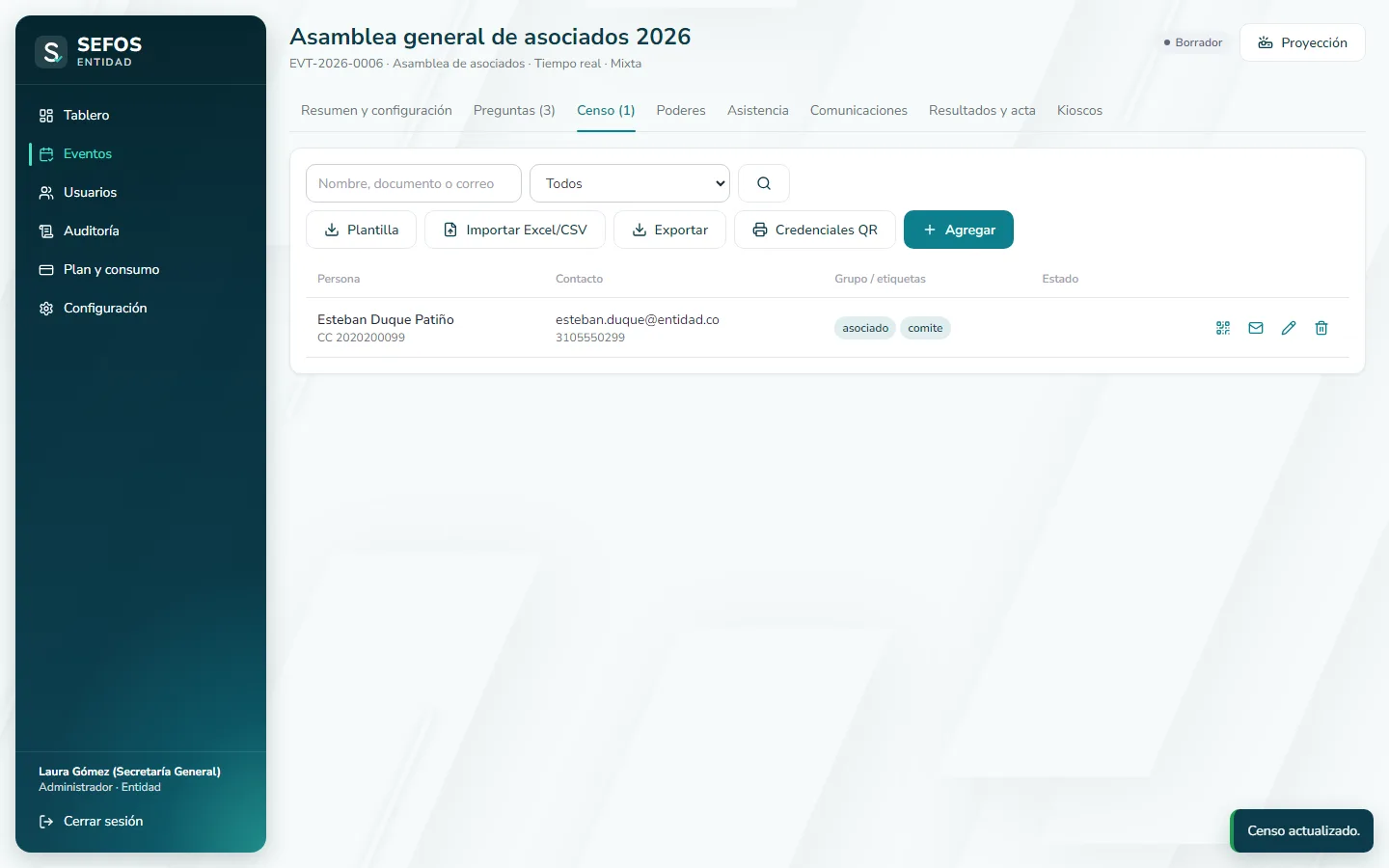 Captura de pantalla (computador): La persona queda en el censo