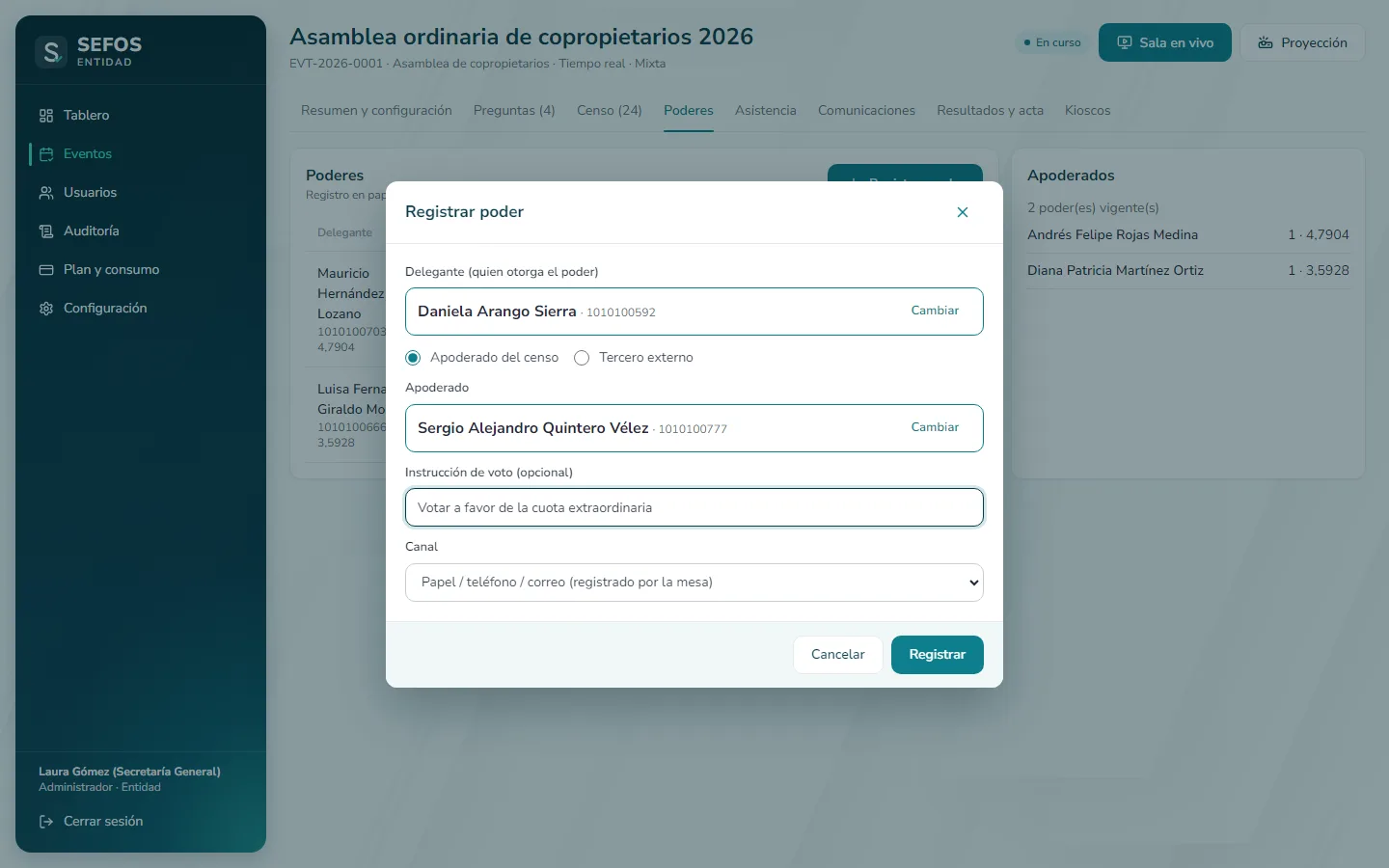 Captura de pantalla (computador): Busque al delegante y al apoderado