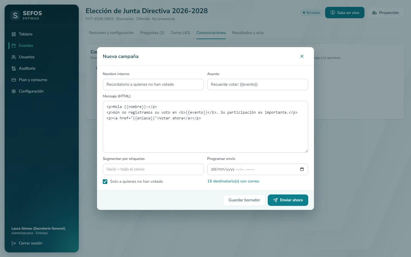 Captura de pantalla (computador): Revise el mensaje y a quién le llega