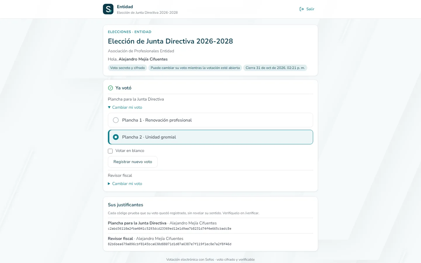 Captura de pantalla (computador): Marque y registre el nuevo voto