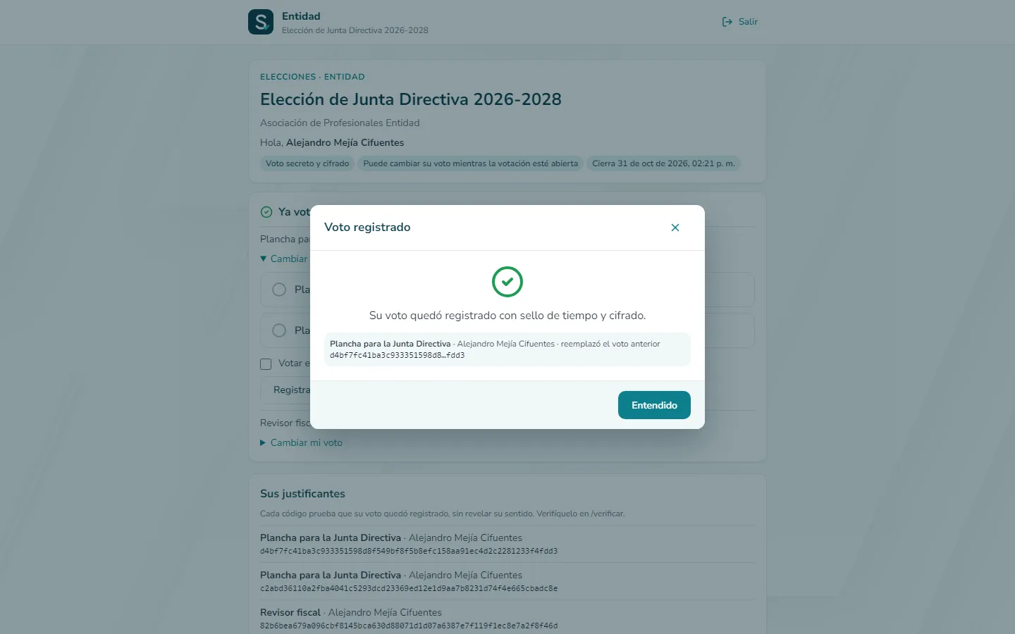 Captura de pantalla (computador): El voto anterior queda reemplazado