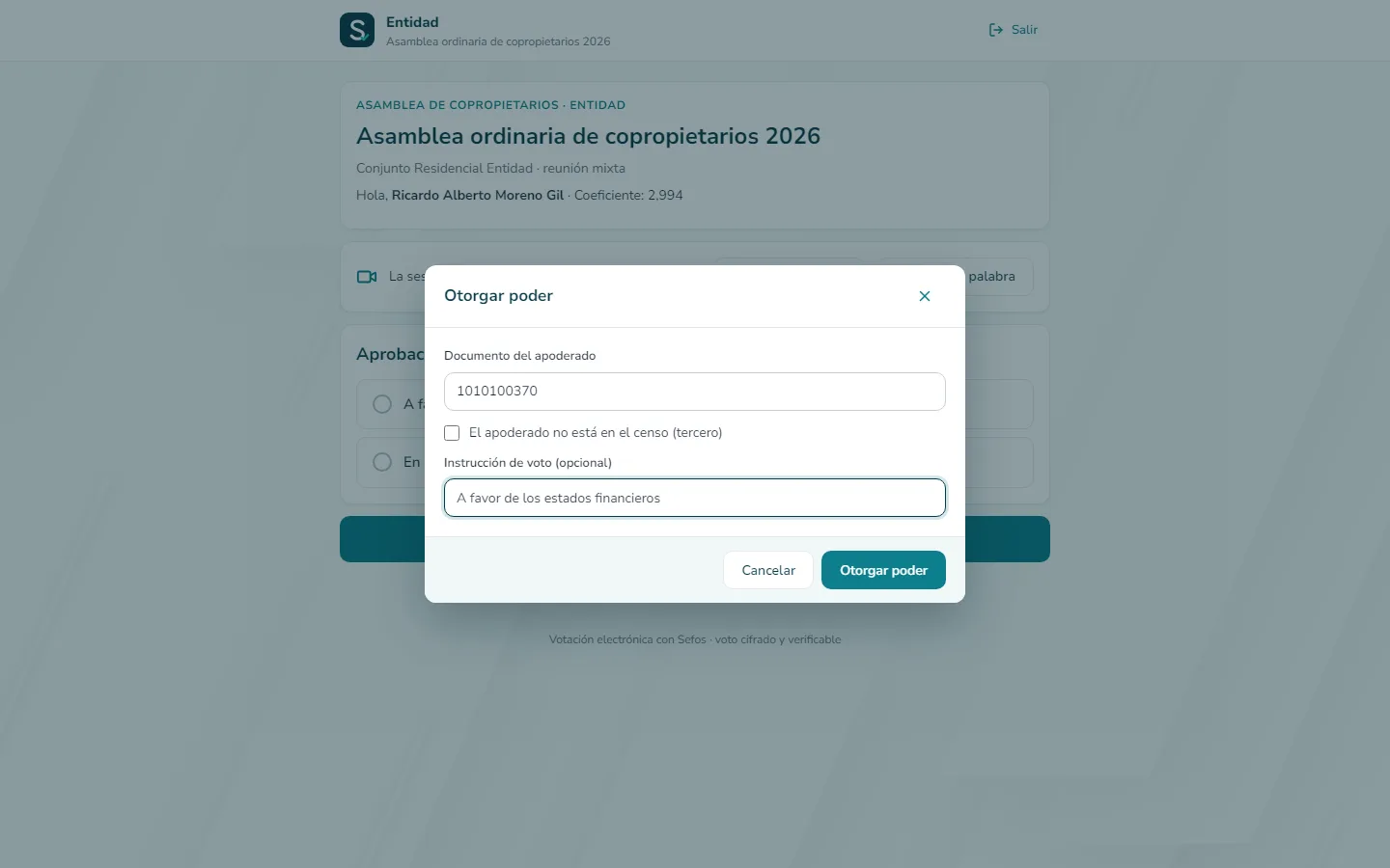 Captura de pantalla (computador): Escriba el documento de su apoderado