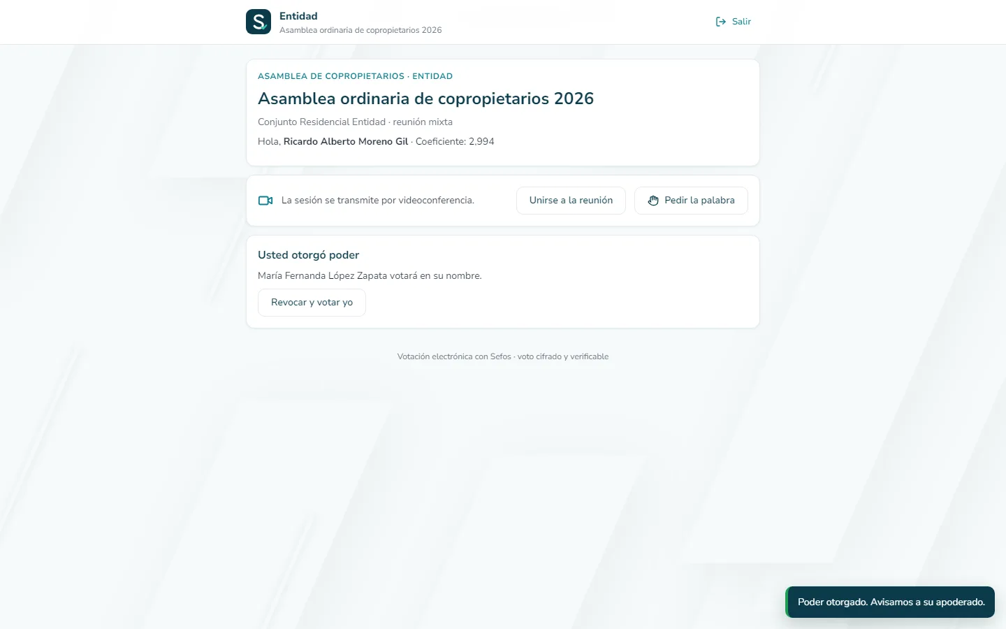 Captura de pantalla (computador): Su apoderado votará por usted